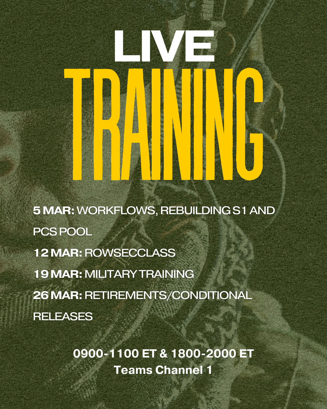 Join us for live training!  This month’s topics include: Workflows, Rebuilding S1 and PCS Pools, Rowsecclass & more on Wednesdays, from 0900 – 1100 ET or 1800 – 2000 ET. Teams: Channel 1