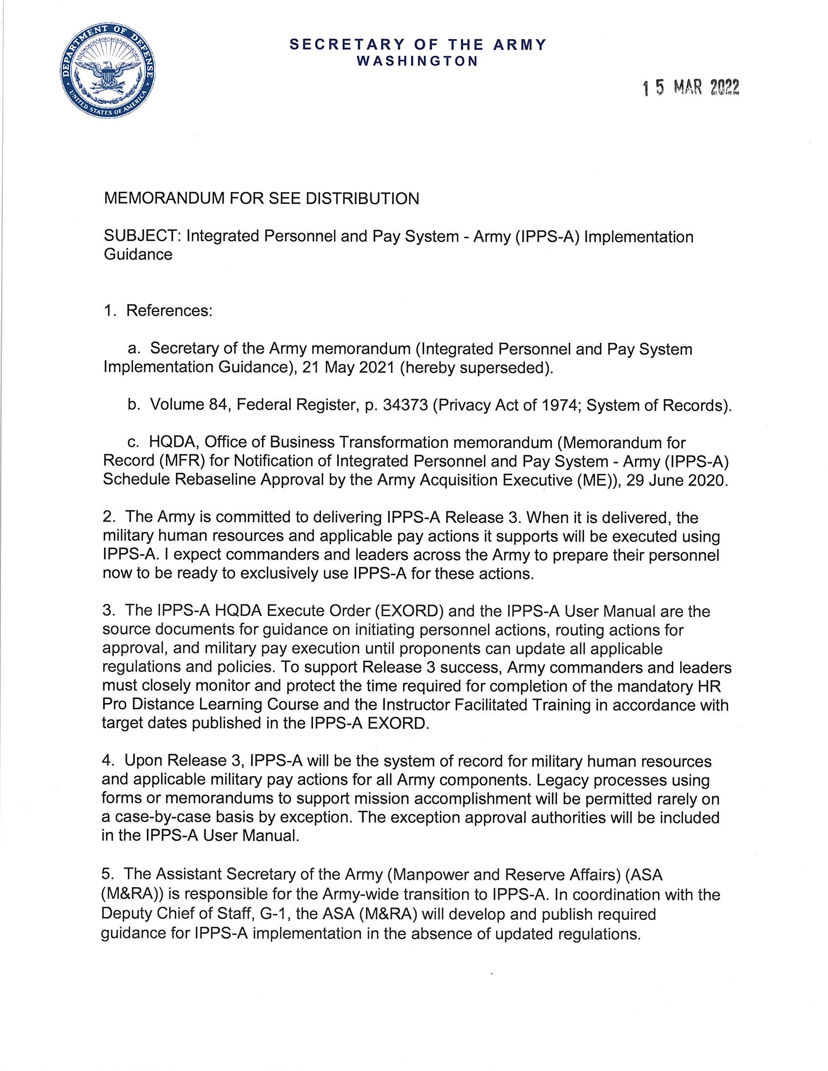  SecArmy IPPS-A Implementation Guidance Memo (March 2022)